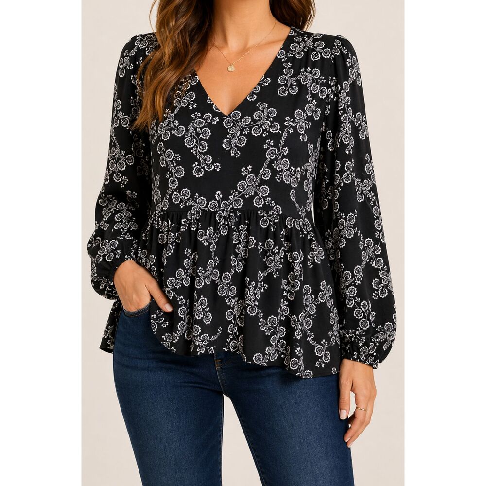 LOFT Black White Floral Peplum Blouse V Neck Long Sleeve XXL Flowy NWOT